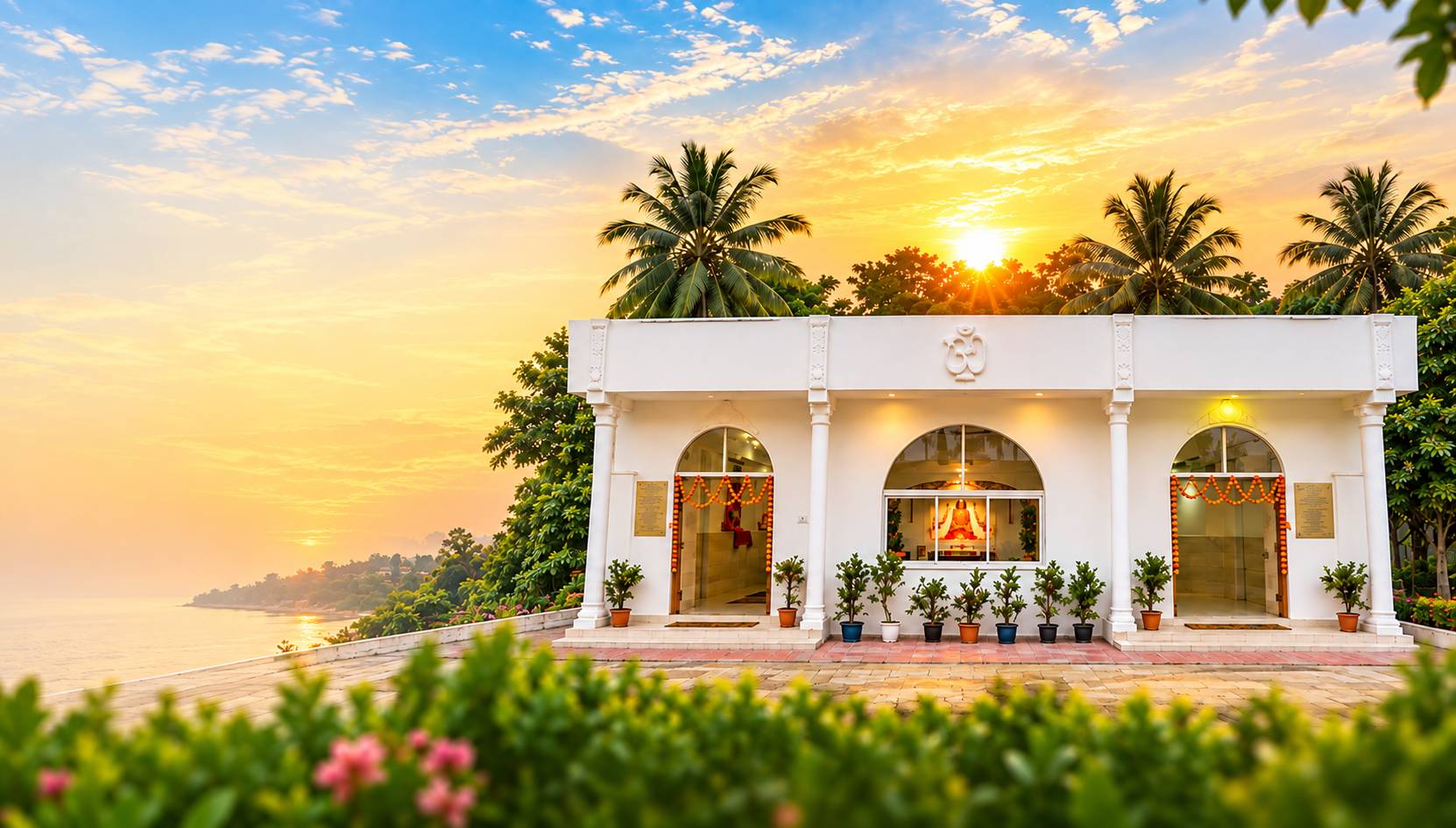 Kriya Yoga Wellness temple building at sunset with palm trees